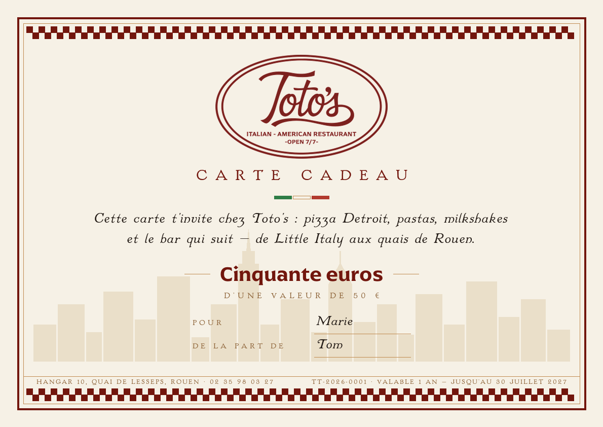 Aperçu du bon cadeau Toto's : carte crème et rouge brique, damier, skyline de New York en filigrane et rappel tricolore italien