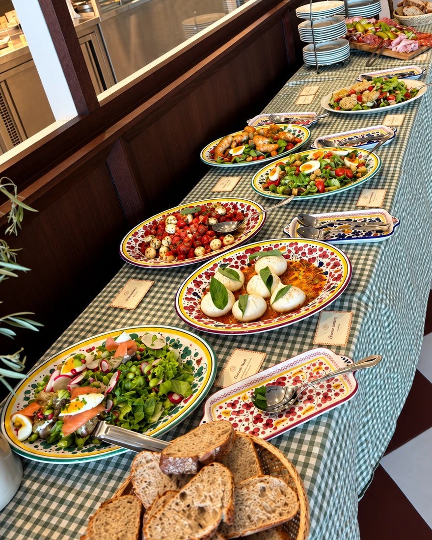 Le buffet d'antipasti du brunch chez Toto's : burrata, salades, charcuterie et pain